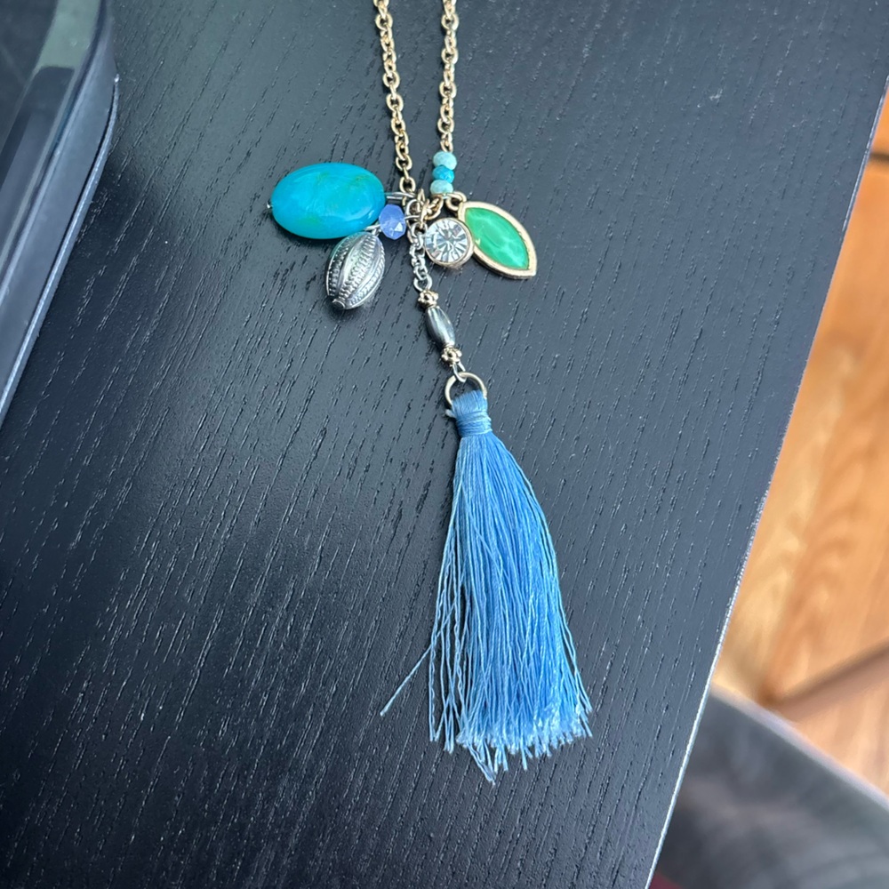 Blue and Gold Tassel Pendant Necklace